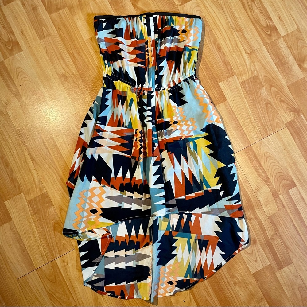 Geo pattern strapless high-lo dress pleated detail
